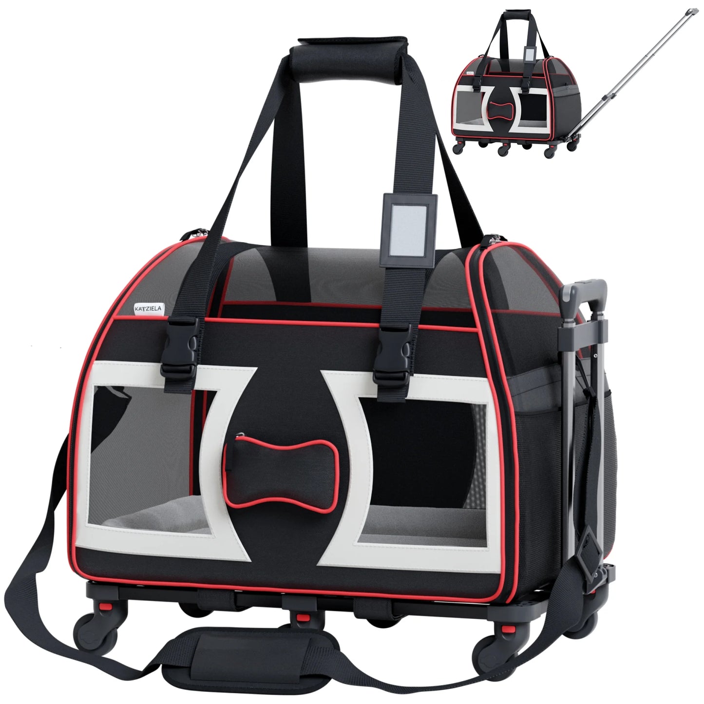 Bone Cruiser Pet Carrier Removable Wheels Telescopic Handle Airline Approved (Black and Red) Pack 1