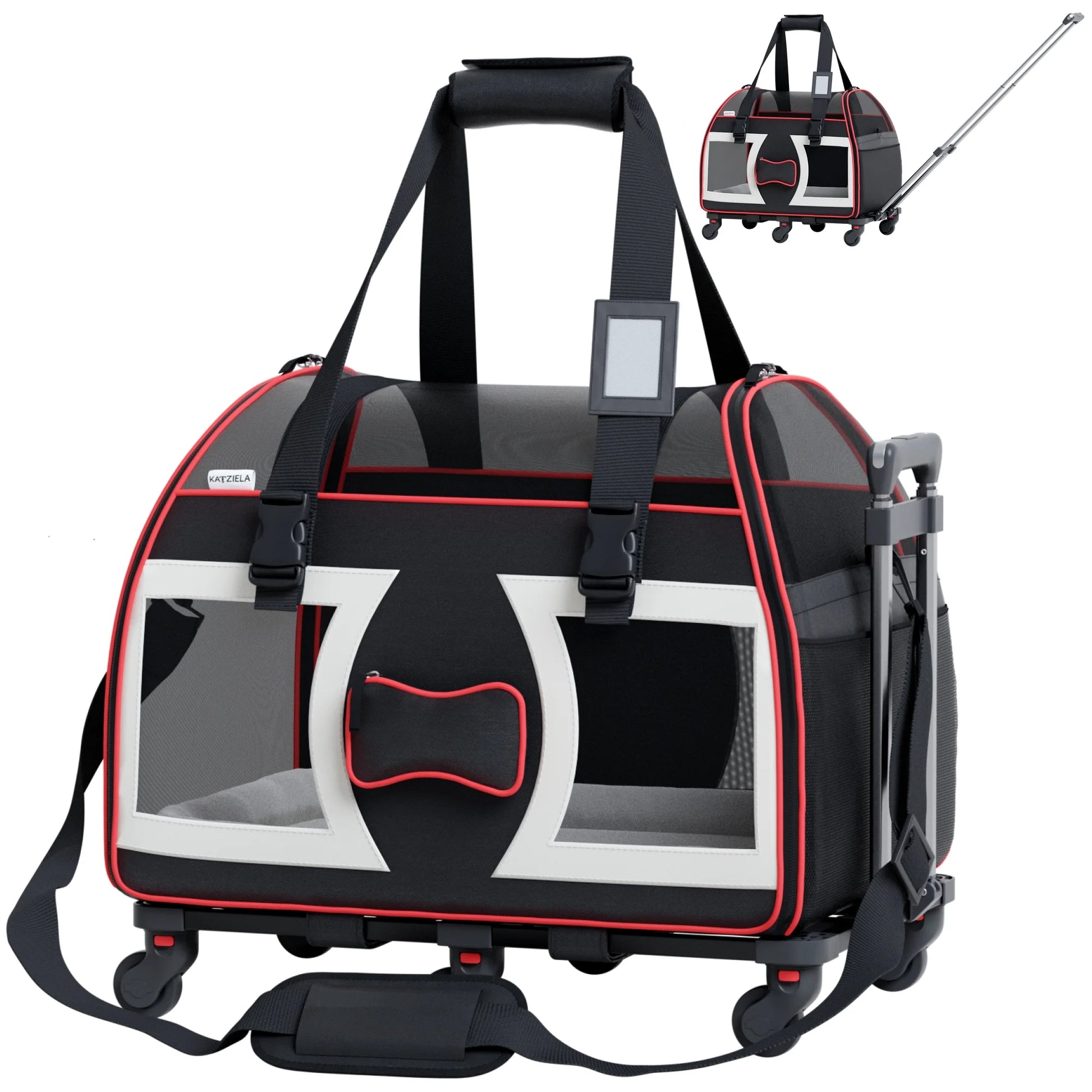 Bone Cruiser Pet Carrier Removable Wheels Telescopic Handle Airline Approved (Black and Red) Pack 1