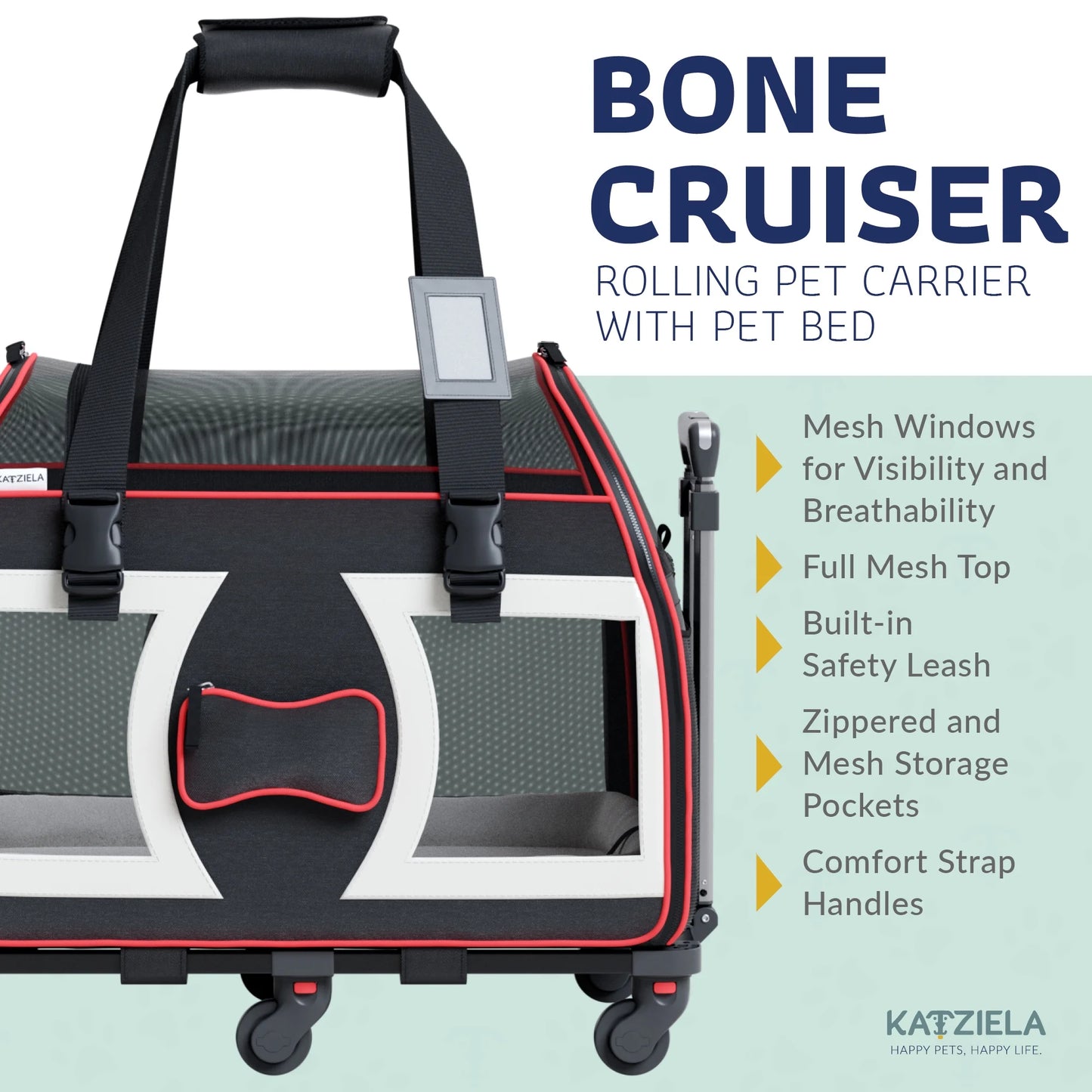 Bone Cruiser Pet Carrier Removable Wheels Telescopic Handle Airline Approved (Black and Red) Pack 1
