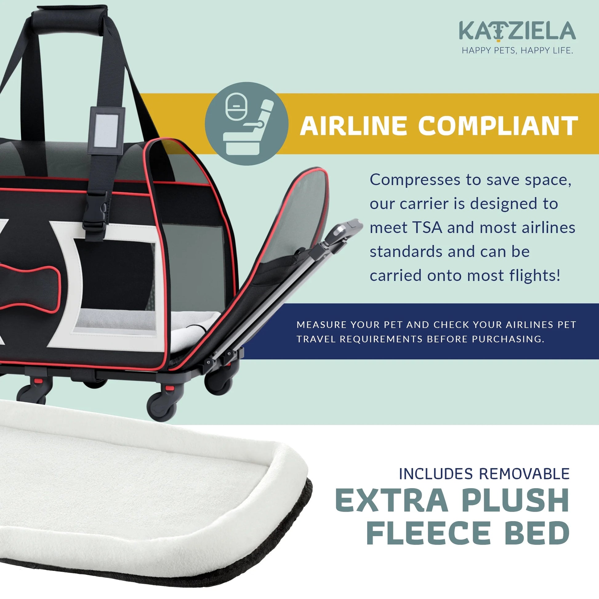 Bone Cruiser Pet Carrier Removable Wheels Telescopic Handle Airline Approved (Black and Red) Pack 1