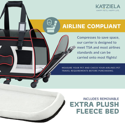 Bone Cruiser Pet Carrier Removable Wheels Telescopic Handle Airline Approved (Black and Red) Pack 1