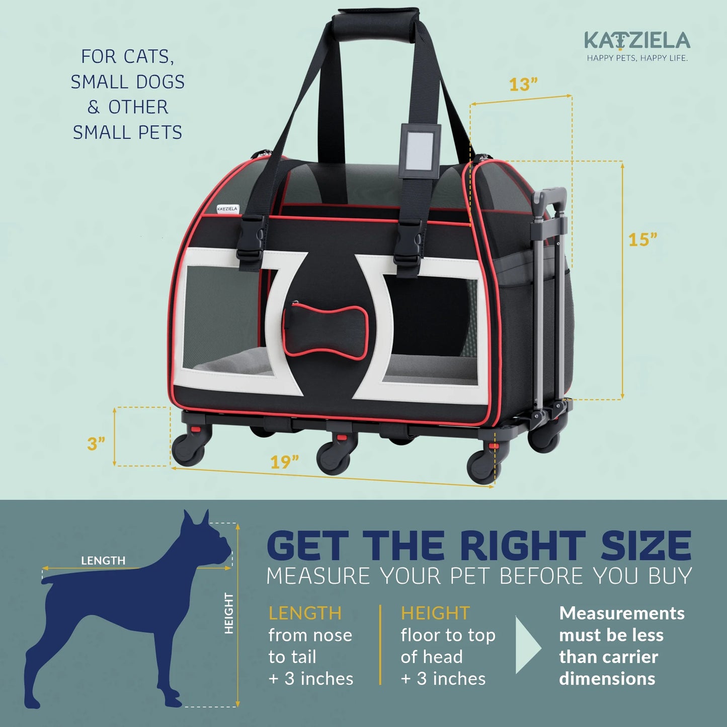 Bone Cruiser Pet Carrier Removable Wheels Telescopic Handle Airline Approved (Black and Red) Pack 1