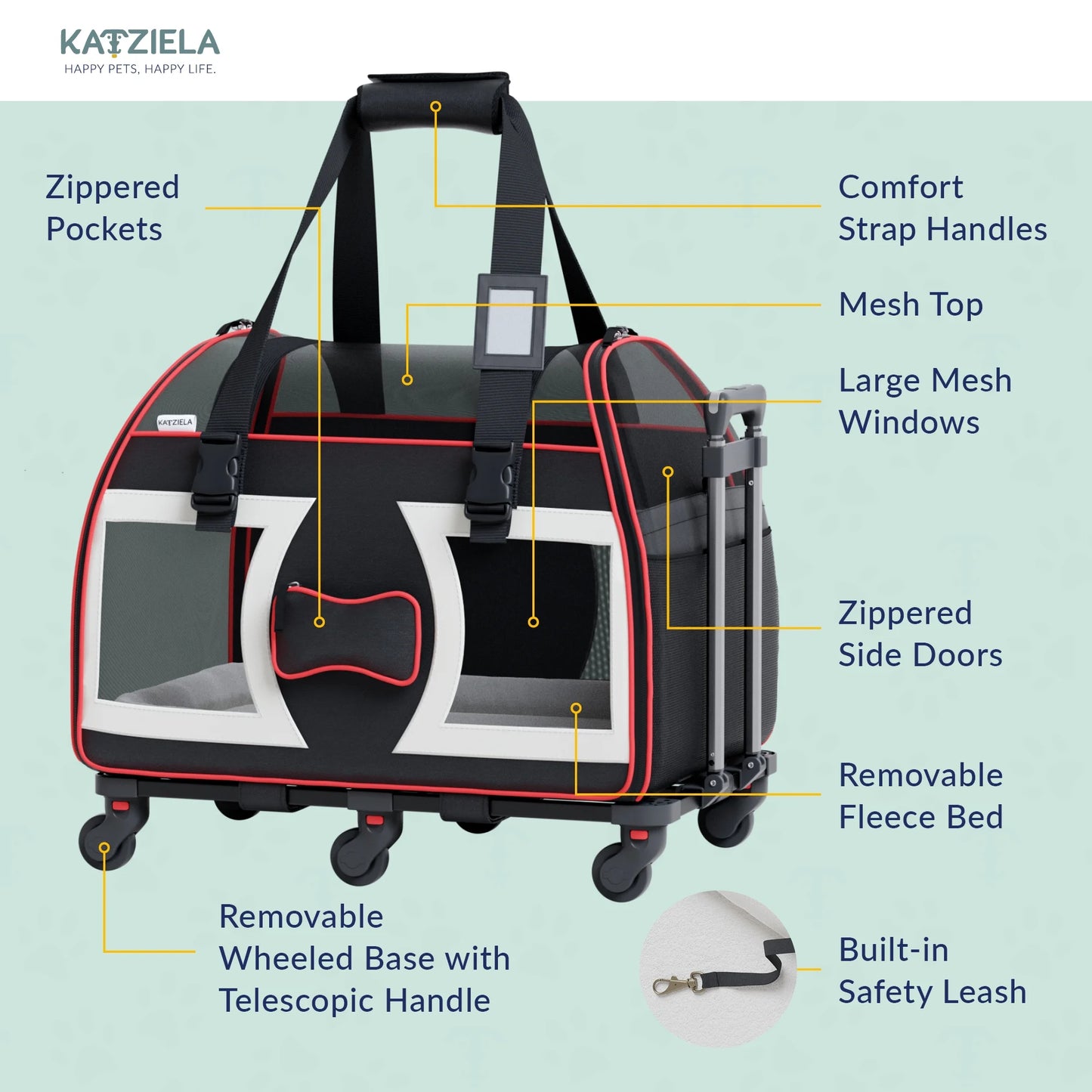 Bone Cruiser Pet Carrier Removable Wheels Telescopic Handle Airline Approved (Black and Red) Pack 1